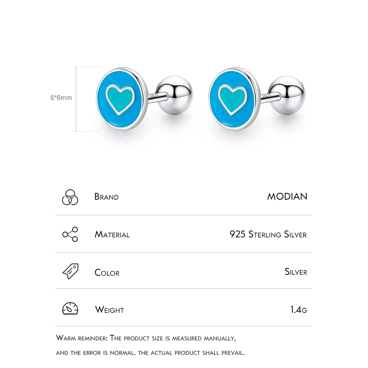 Modian 925 Sterling Silver Enamel Heart Simple Round Stud Earrings Minimalist Screw Beads Earrings For Women Fine Jewelry Gifts