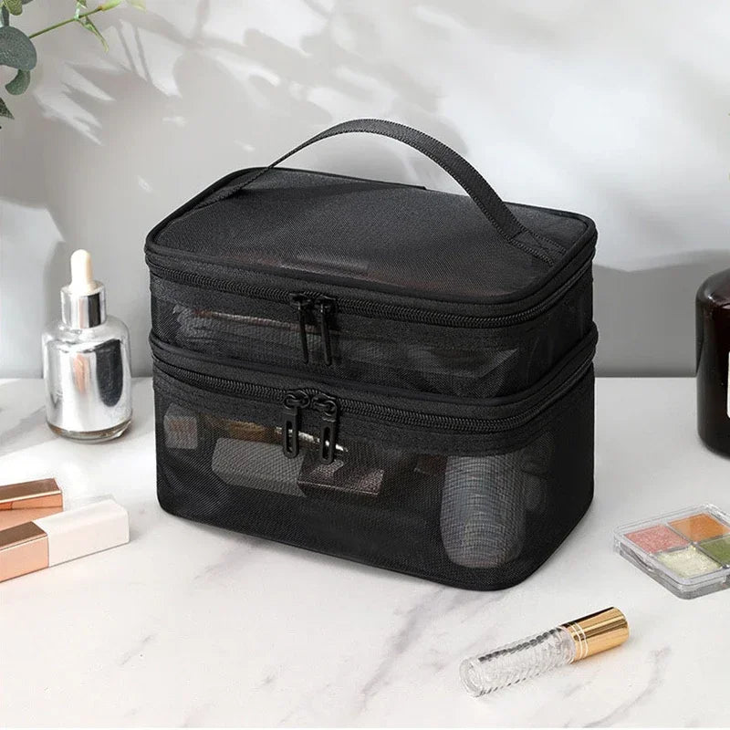 Hemasa Double Layer Mesh Cosmetic Bag  for Women/ Portable Make Up Case Big Capacity Travel Zipper Makeup Organizer Toiletry Storage Box