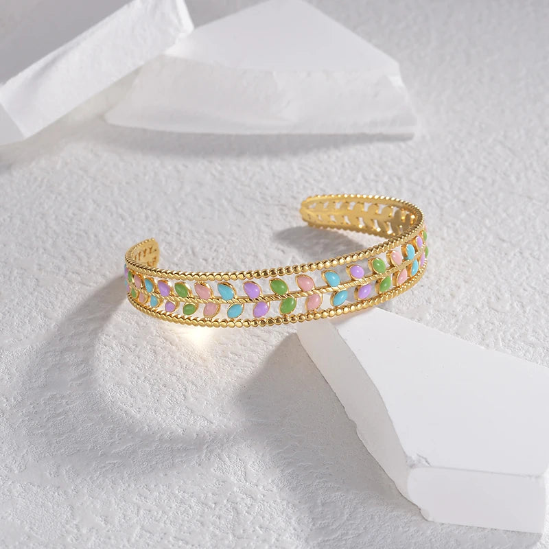 Stainless Steel Leaf Drip Oil Cuff Bangles For Women Girl Wrist Jewelry Gold Color Squares Adjustable Bangles Mom Gifts