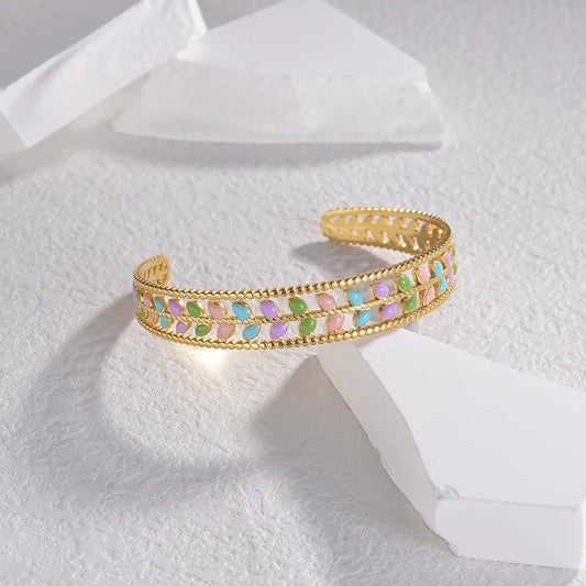 Stainless Steel Leaf Drip Oil Cuff Bangles For Women Girl Wrist Jewelry Gold Color Squares Adjustable Bangles Mom Gifts