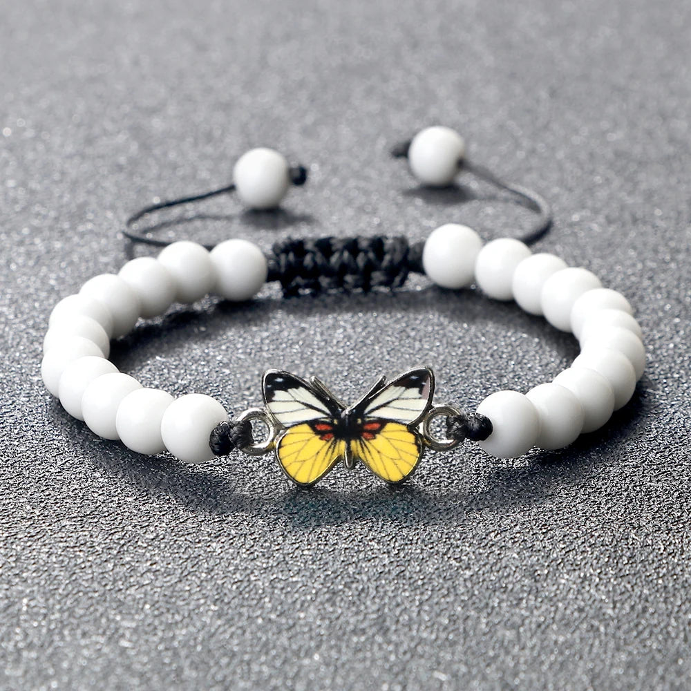 Vintage Natural Stone Agate Bracelets Charm Yellow Butterfly Adjustable Bangles Yoga Jewelry 6mm Black Lava Onyx Beads Bracelet