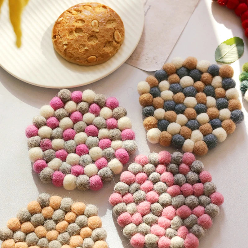 Hemasa Colorful Wool Felt Balls Coaster Hexagon /Heart /Star Shape Coasters