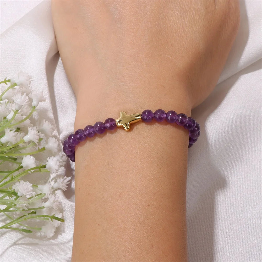 Tejesa 6mm Amethysts Bracelet Gold Color Jesus Cross Natural Stone Tiger Eye Opal African Turquoises Elastic Bracelets For Women Men
