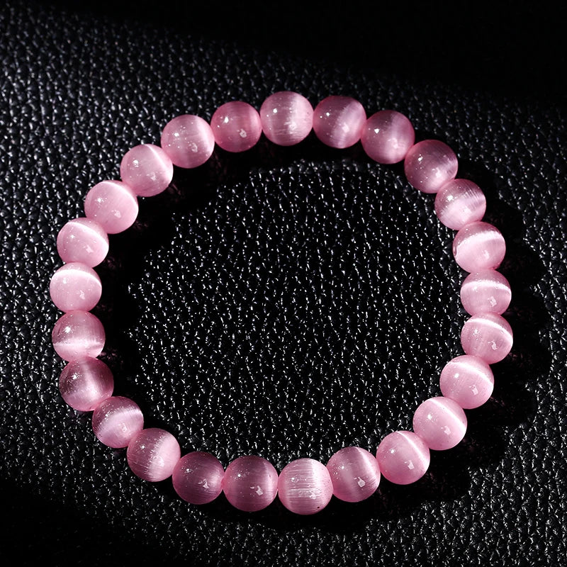 JD Natural Stone Dark Pink Cat Eyes Stone Strand Bracelet Women Simple Jewelry Gifts Round Bead Elastic Rope Bracelet For Girls
