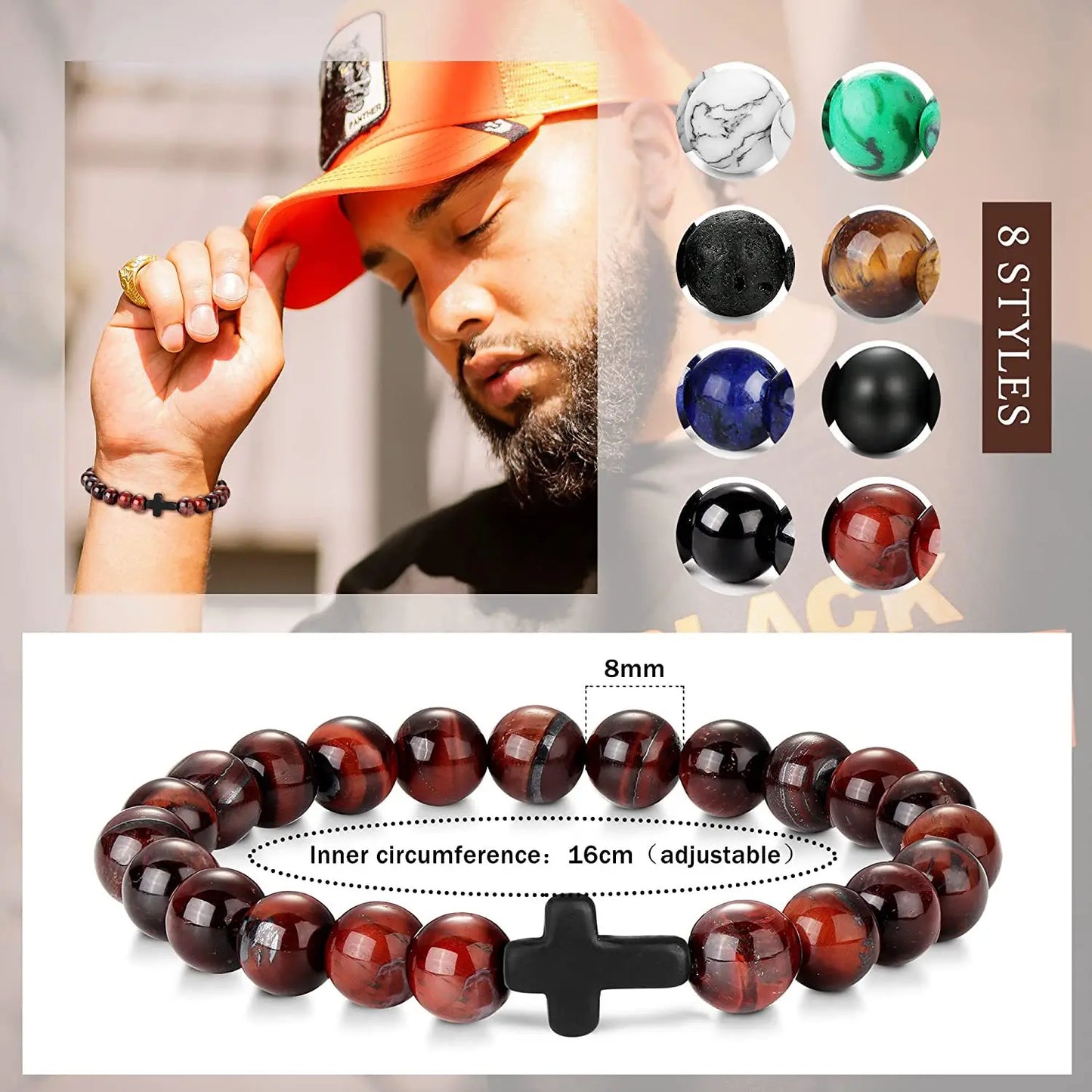 Hemasa Natural Stone Bead Cross Bracelet Onyx Meditation Bracelet