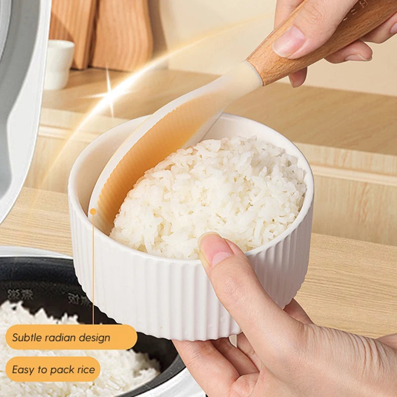 Hemasa 1Pc Silicone Wooden Handle Rice Spoon High Temperature Resistant Non Stick Rice Spoon