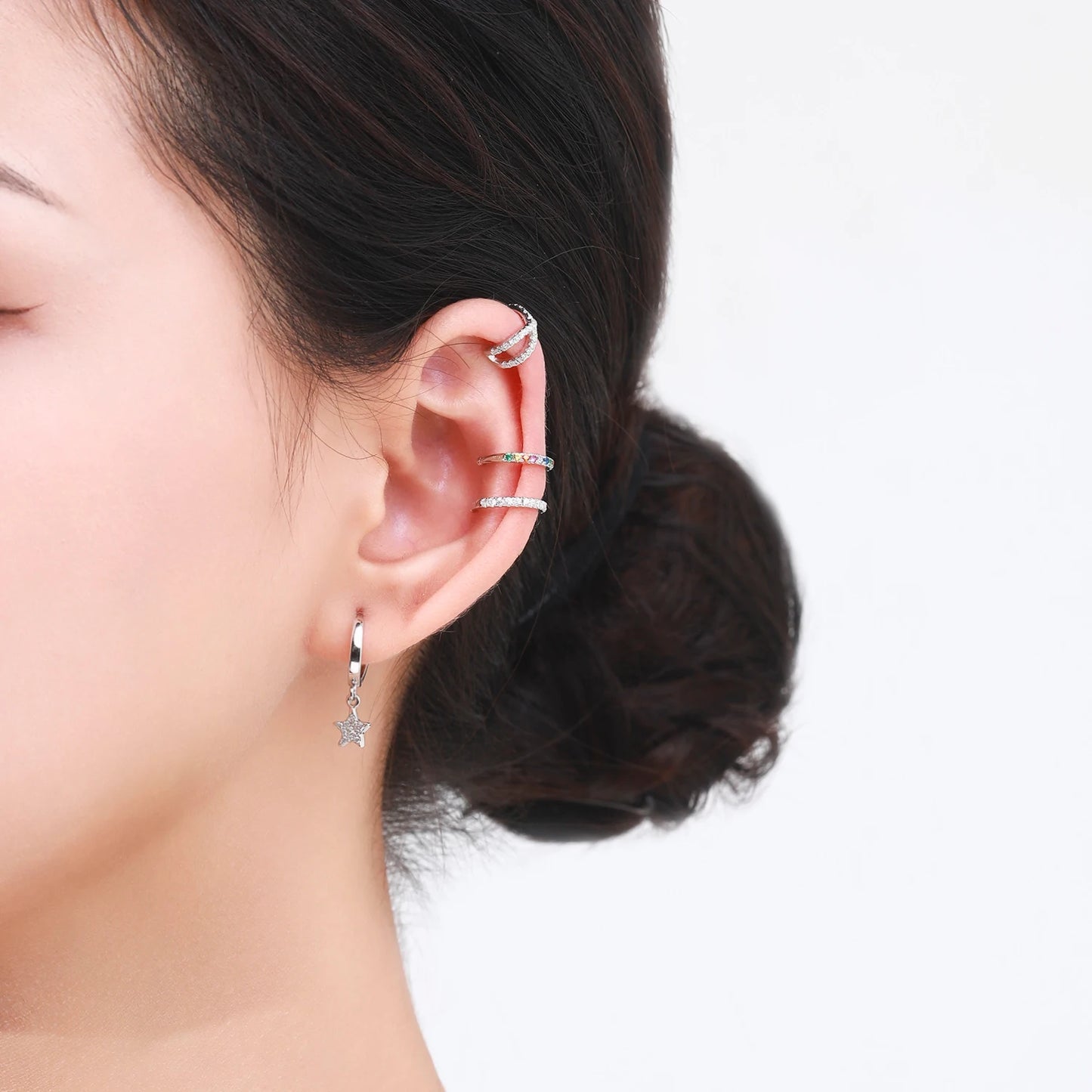Modian 1 PCS Ear Cuff Real 925 Sterling Silver Rainbow Zirconia Elegant Fashion Clip Earrings For Women Statement Jewelry Gifts