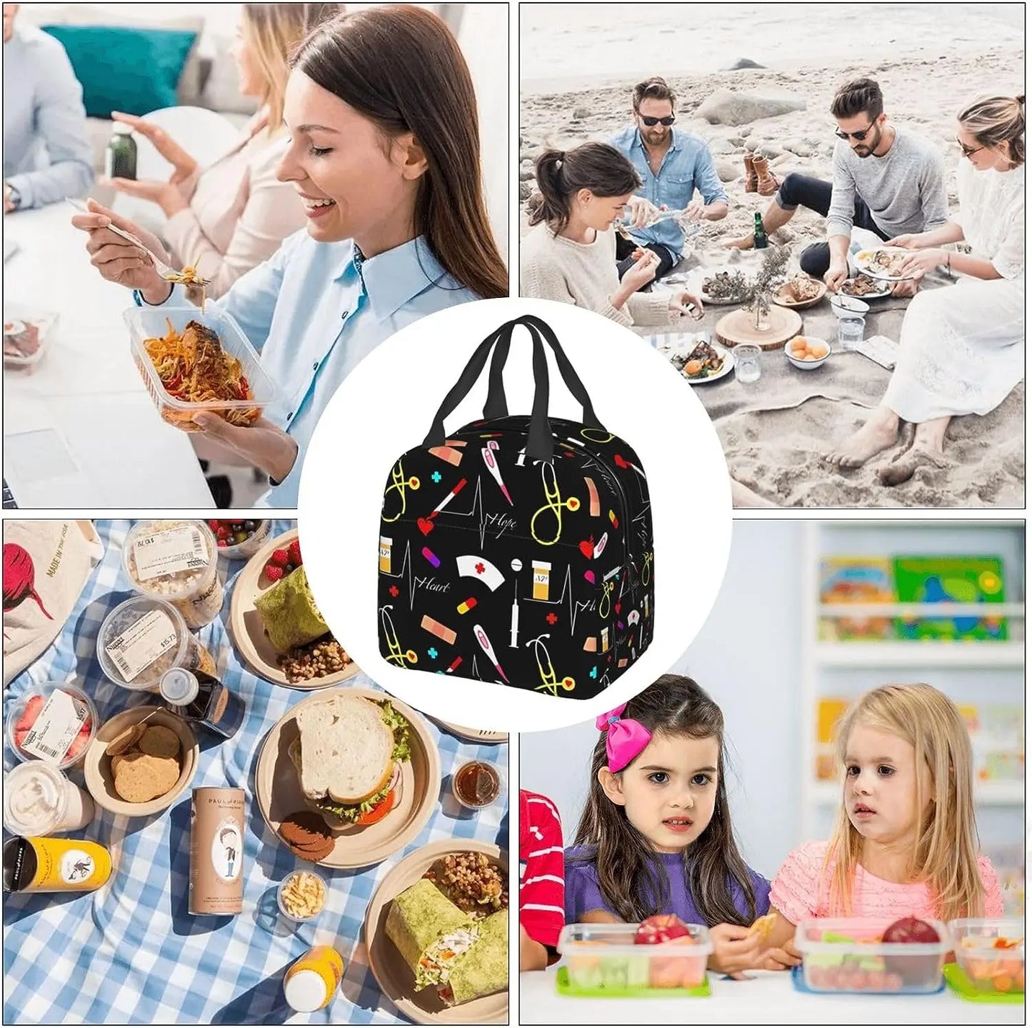 Hemasa Reusable Insulated Lunch Bag Leakproof Portable Lunch Box with Side Pocket for Work Picnic Travel
