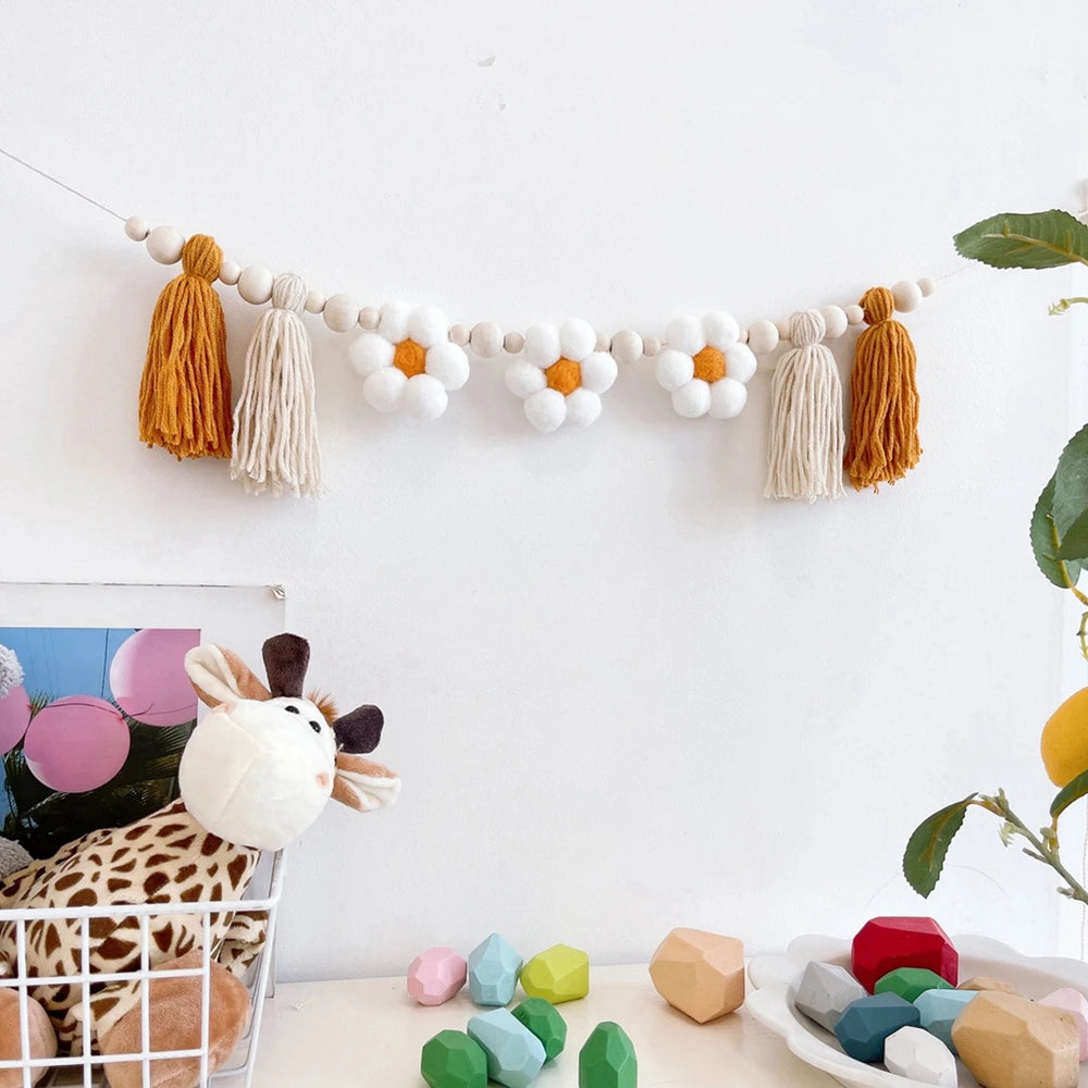 Boho Tassel Garland with Wooden Beads Daisy Birthday Party Banner for Farmhouse Wall Mantel High Chair Photo Prop Home Decor