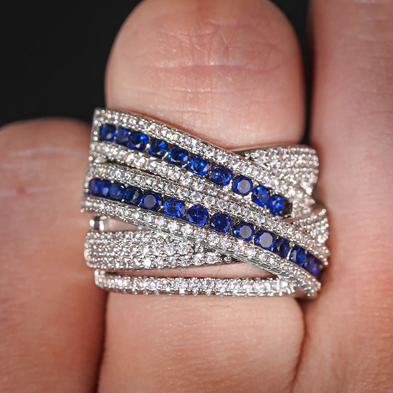 Huitan Cross Women Ring Inlaid Blue/White Cubic Zirconia Elegant Wedding Party Accessories Luxury Daily Versatile Trendy Jewelry
