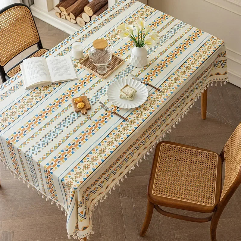 Hemasa Cotton Linen Bohemian Tablecloth Waterproof and Oilproof Tassel, Dinner Camping Table Cloth Wedding Party Tablecloths Geometric