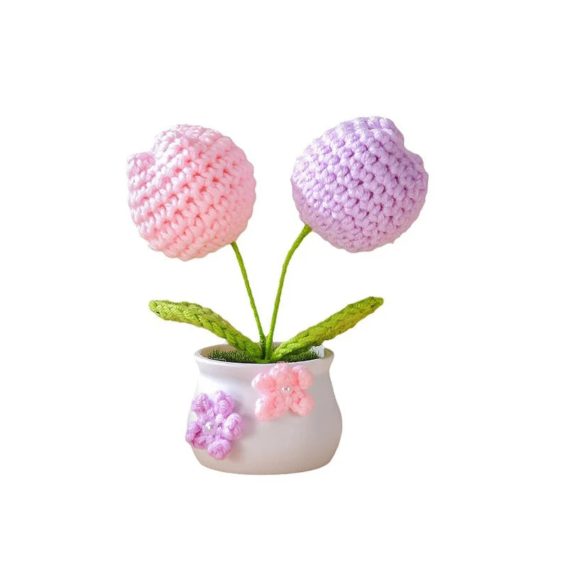 Hemasa Kintted Flower Potted Mini Artificial Flowers/Plant Hand Woven Crochet Tulips Flowers