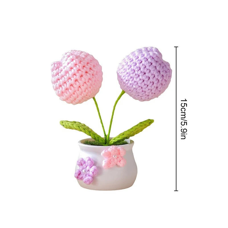 Hemasa Kintted Flower Potted Mini Artificial Flowers/Plant Hand Woven Crochet Tulips Flowers