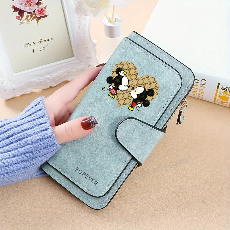 Mickey Minnie Mouse Pu Leather Wallet Women Zipper Frosted Coin Purse Ladies Credit ID Card Holder Disney Versatile Long Wallet