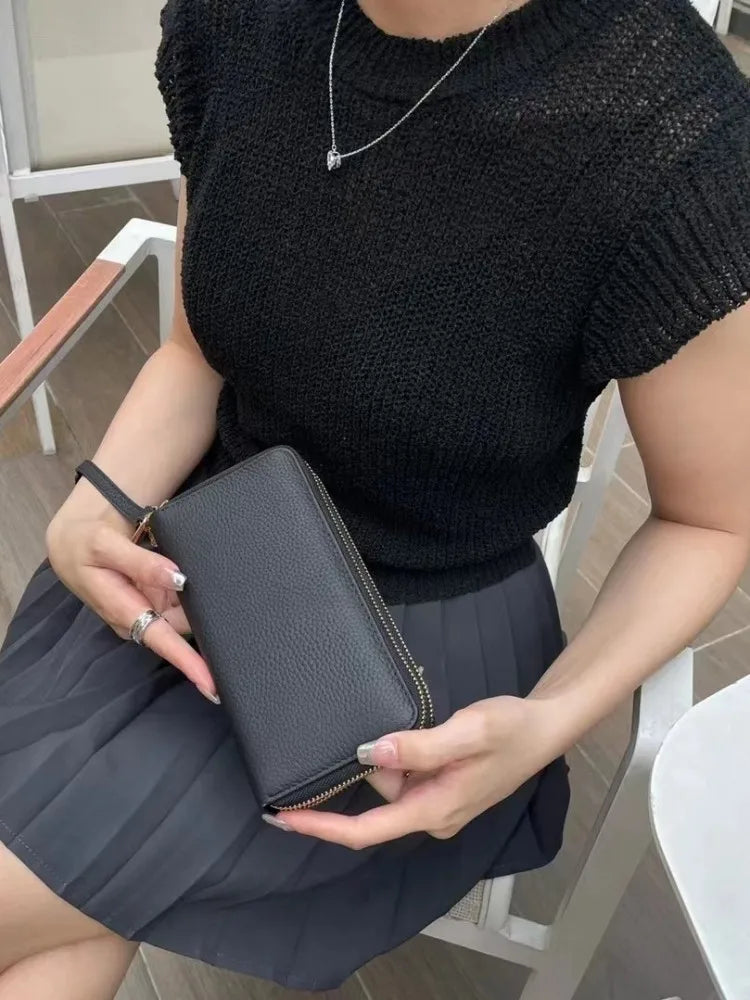 Hemasa Leather Womens Wallet Cow Leather Double Zip Clutch Bag Business Casual Long Purse Female Multi Card Holder Wallet