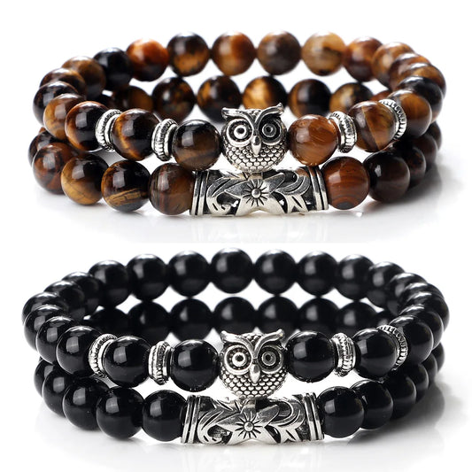 Hemasa  Natural Stone Beads Bracelet  /   Owl Beads   Bracelet /Black Lava Onyx Beads Charm Bracelets