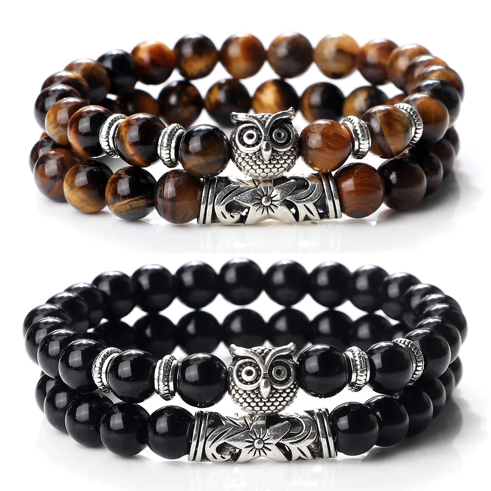 Hemasa Natural Stone Beads Bracelet  /Owl Beads  and  Black Lava Onyx Beads Bracelets