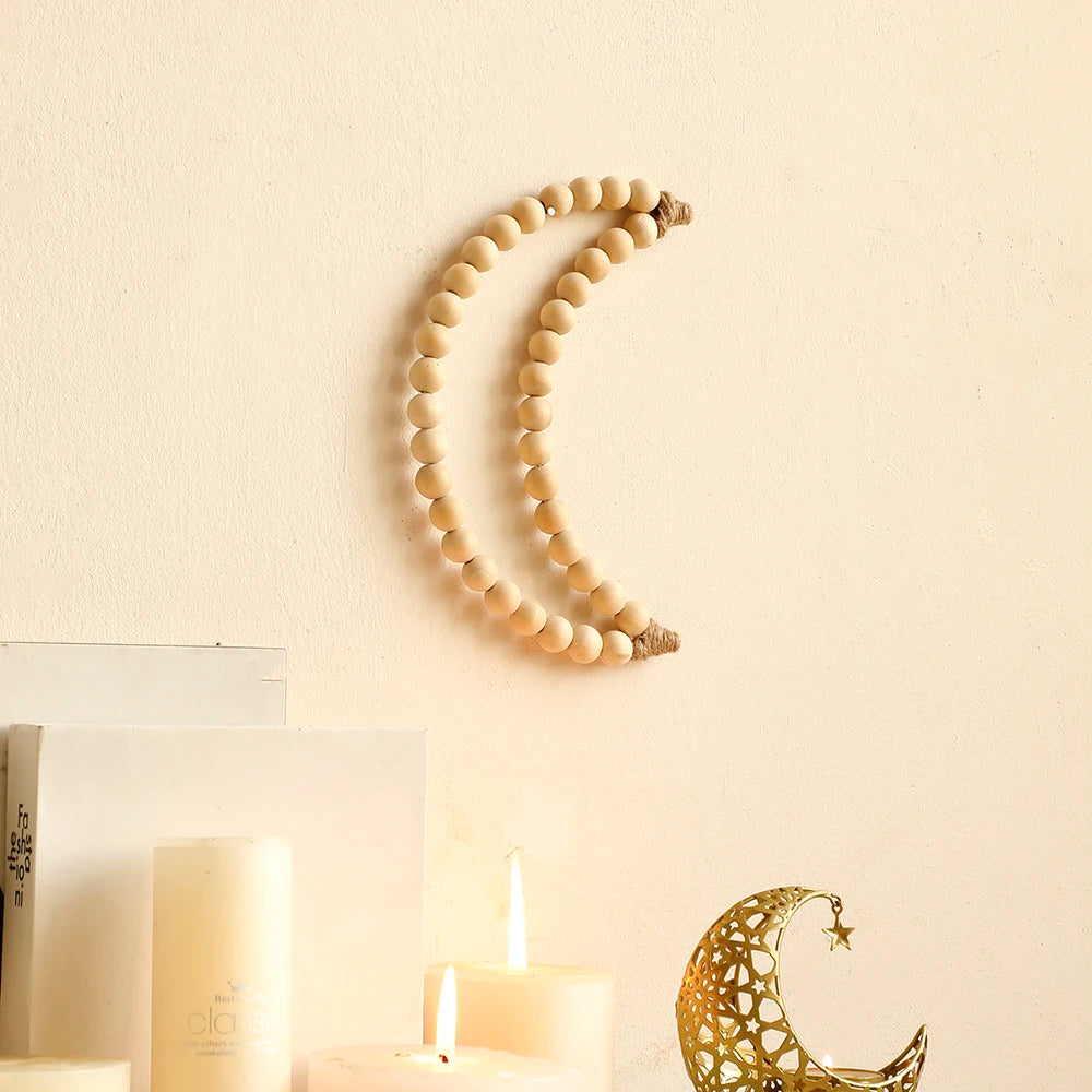 Moon Wall Hanging Decor Decorative Wood Moon Bead Garland Home Decor Wooden Moon Wall Art  Decorative Beads Boho Home Decoration