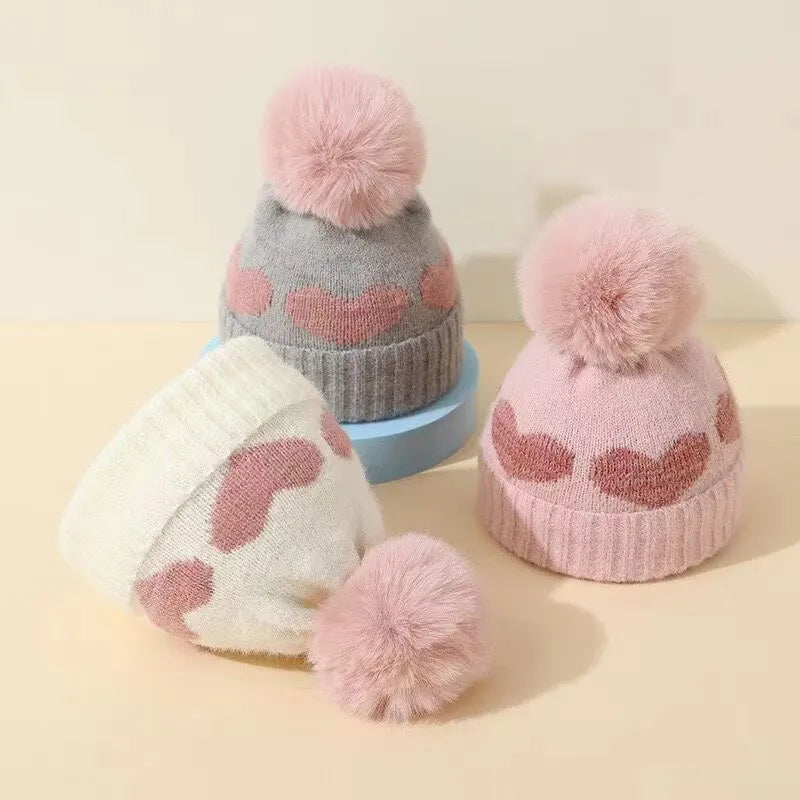 Fur Pompom Baby Hat Heart Printed Knitting Autumn Winter Newborn Infant Beanie Cap Toddler Warm Crochet Girls Boys Hats