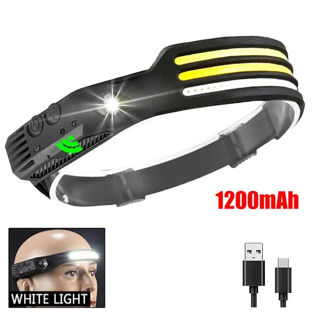 Hemasa COB LED Headlamp Induction Head Lamp Built-in Battery USB Rechargeable Head Flashlight Outdoor Camping Fishing Sensor Headlight