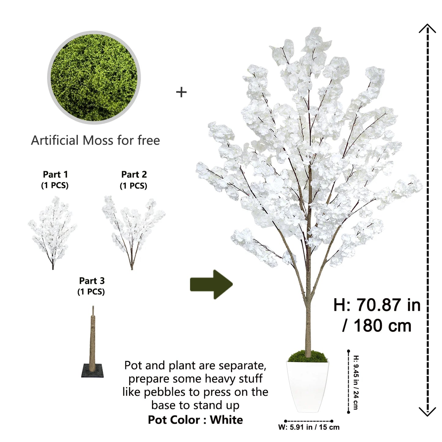 160-210cm New White Cherry Blossom Artificial Plant Fake Decorative Plant for Indoor Outdoor for Home Garden room Wedding Party