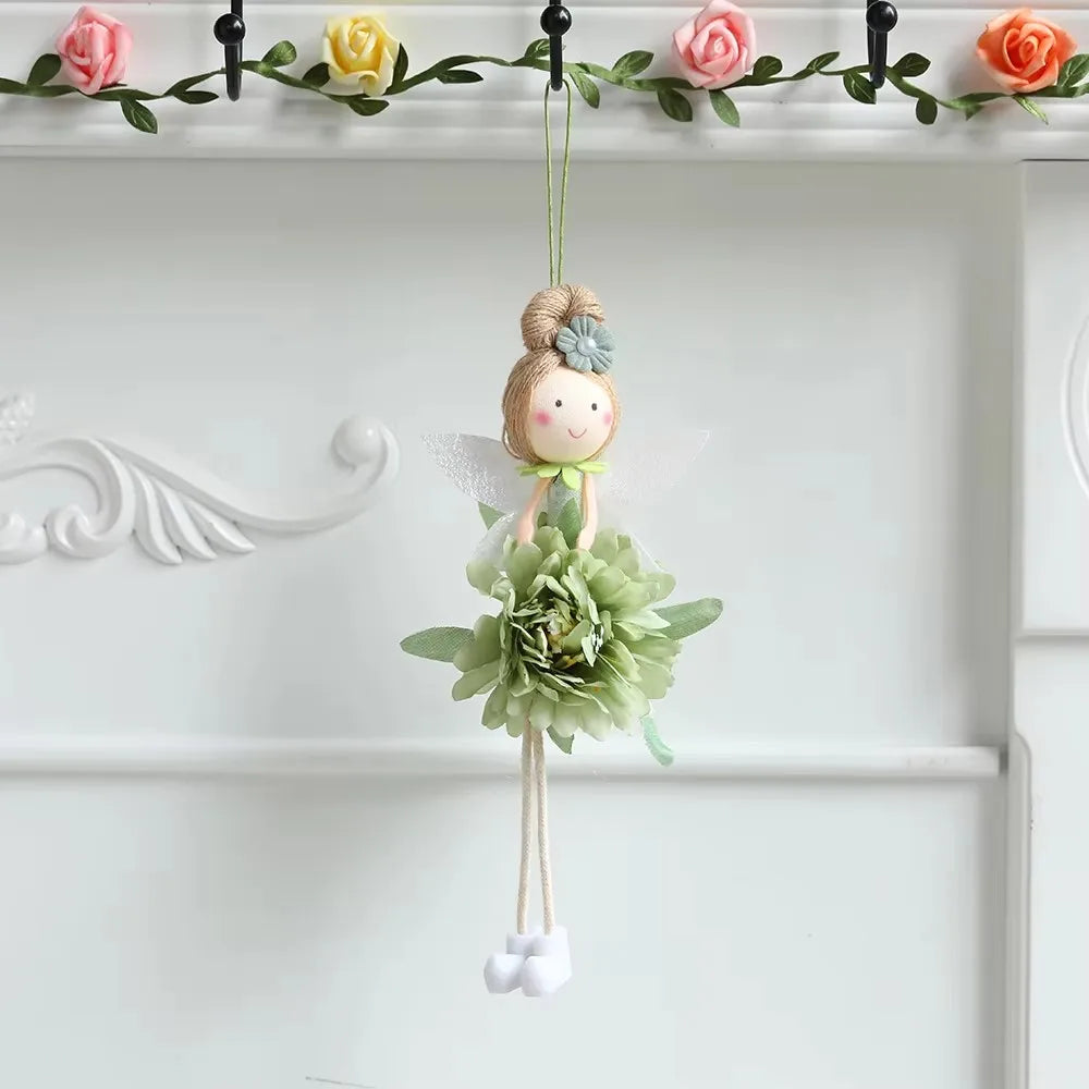 New Plush Flower Fairy Bunny Rabbit Dolls Hanging Ornaments Pink White Yellow Green Kids Girls Gifts Easter Home Decor