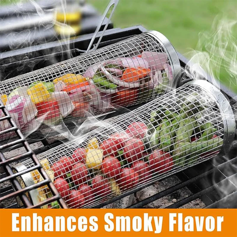 BBQ Grill Basket Stainless Steel Rolling Grilling Baskets for Ideal for Cooking Meat French Fries Vegetables on Outdoor Barbecue