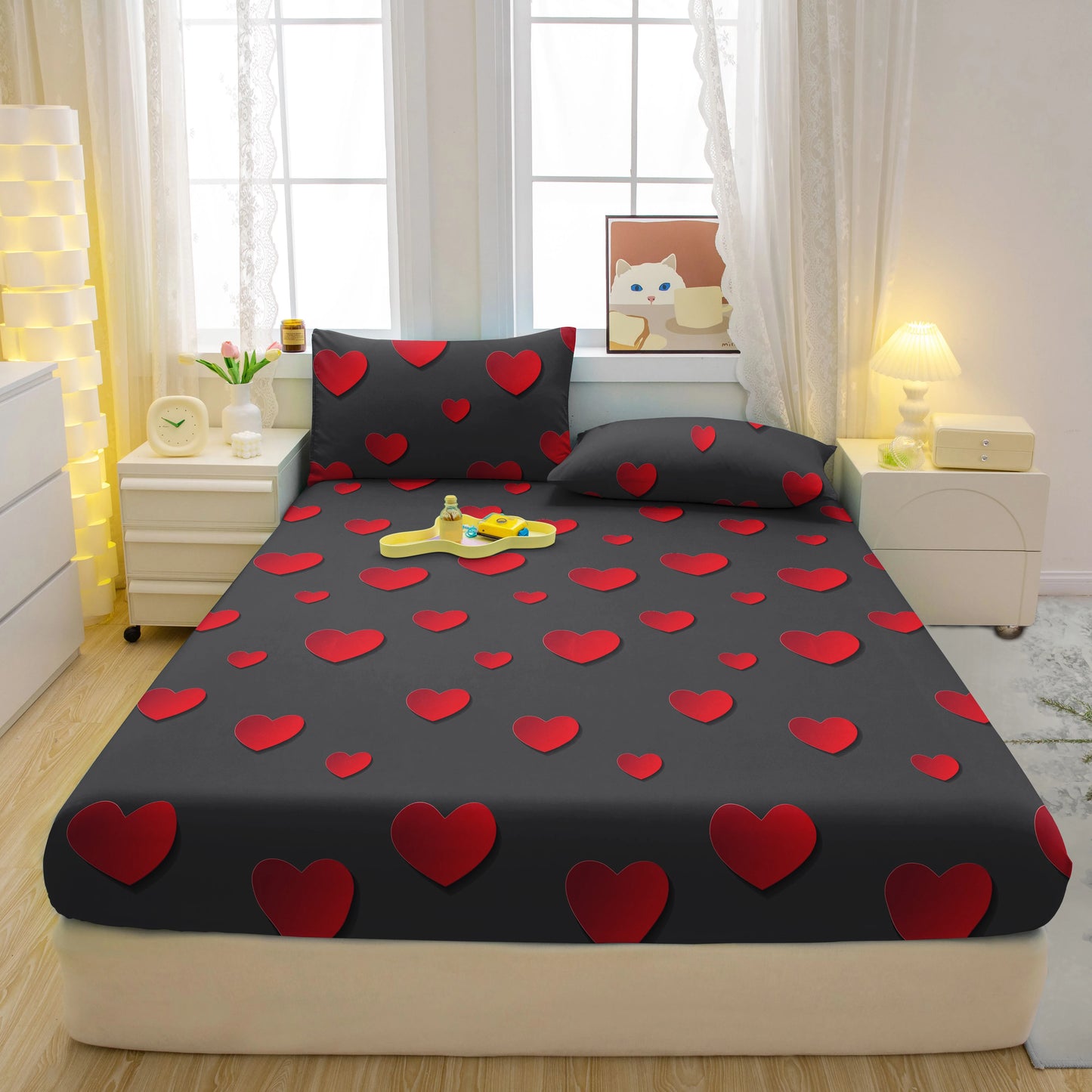 1 Simple Modern Heart-Shaped Printed Matte Fitted Sheet, Bedroom Printed Bed Cover, Bedding (Excluding Pillowcases)
