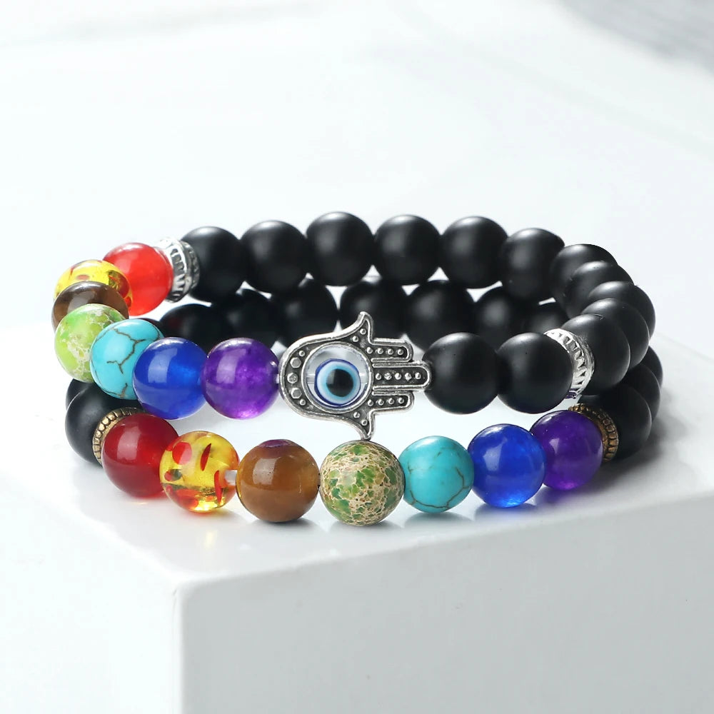 Hemasa 2pcs 7 Chakra Beaded Bracelets Set Natural Tiger Eye Stone Black Lava Rock Lucky Evil Eye Bangles Couple Distance Yoga Jewelry