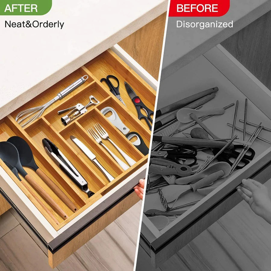 Hemasa Bamboo Cutlery Rack Expandable Drawer Organizer, Adjustable Cutlery Tray, Wooden Cutlery Drawer Divider Organizer
