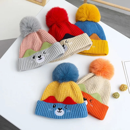 Autumn Winter Baby Pompom Pullover Hats Cute Cartoon Boy Girl Warm Woolen Knit Beanies Outdoor Thick Anti-Cold Toddler Bonnets
