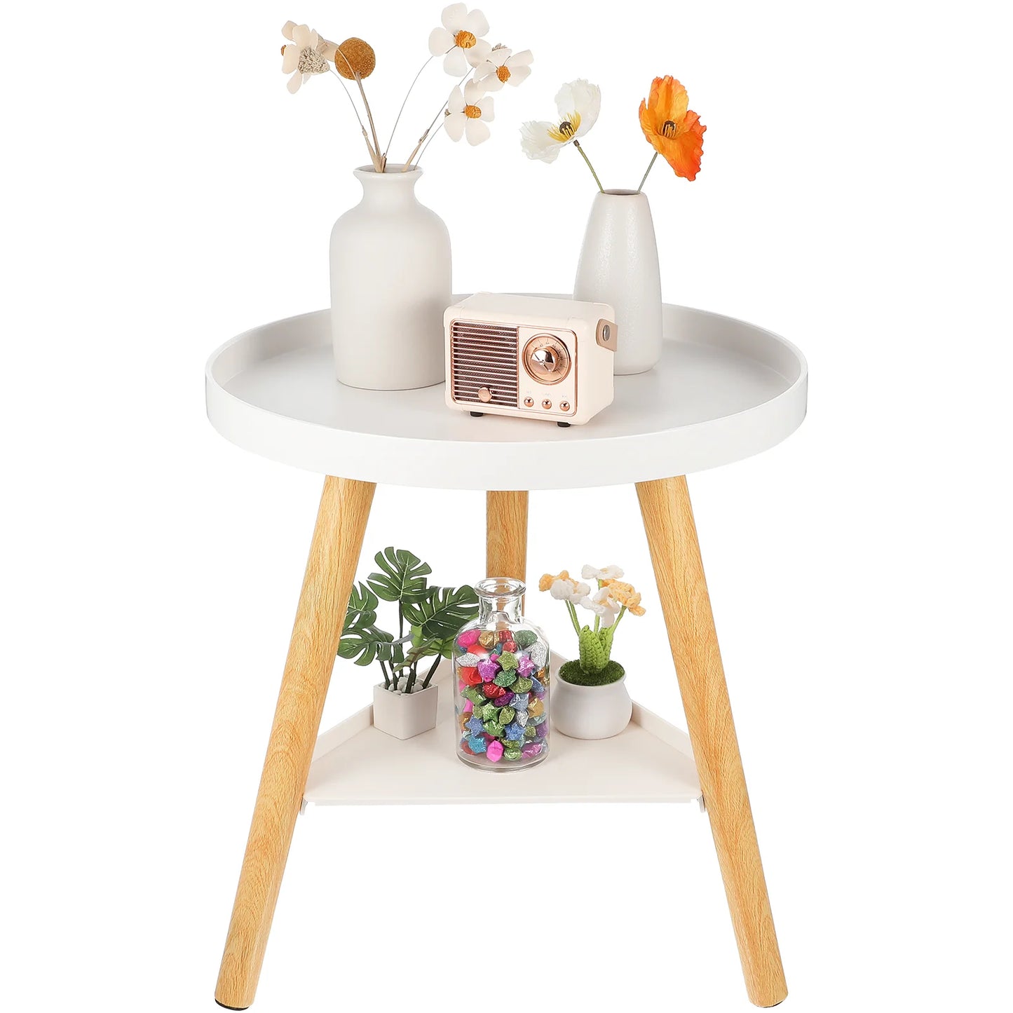 Side Table Round Double Layer Accent Table Small End Table Indoor Plants Stand Wooden Bedside Tables Living Room Furnitures