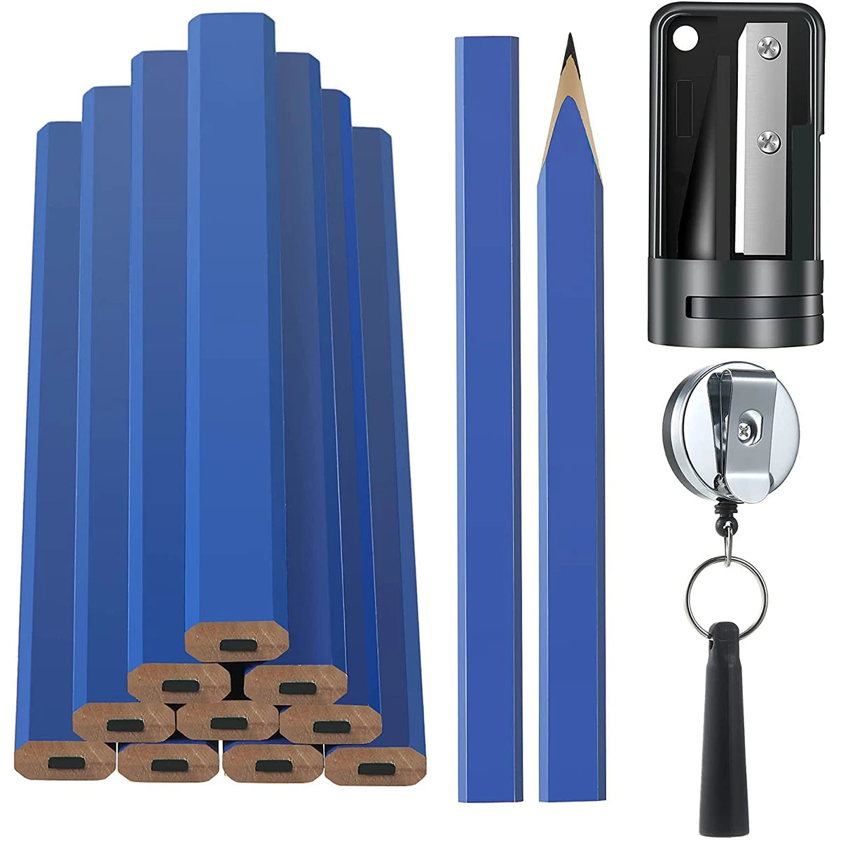 Tejesa 12pcs 7 Inch Wood Flat Carpenter Pencils Tools Kit with Sharpener and Retractable Pen Holder Marking Construction Pencils