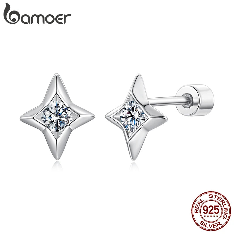 BAMOER Starlight Moissanite Screw-back Earrings, Mini Starburst Round Cut Lab Created Diamond for Women Engagement Gift S925