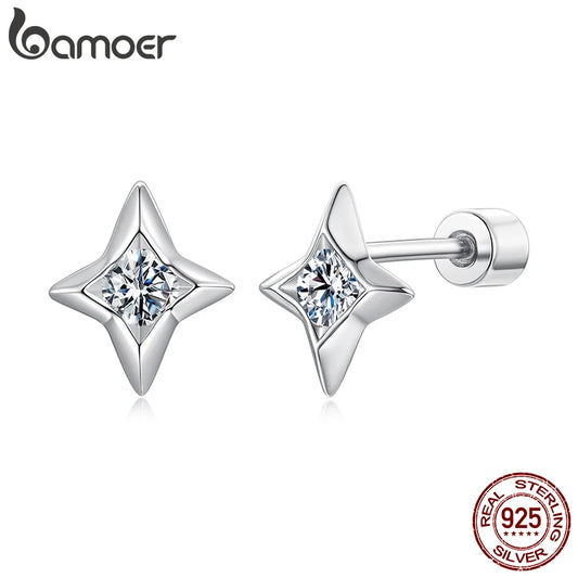 BAMOER Starlight Moissanite Screw-back Earrings, Mini Starburst Round Cut Lab Created Diamond for Women Engagement Gift S925