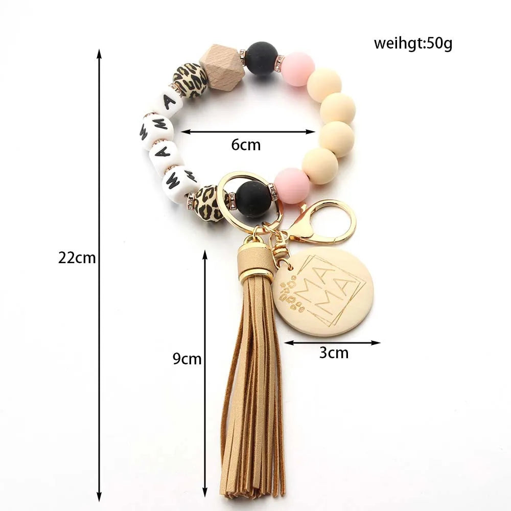 Fashion Round Wooden MAMA Pendant Tassel Keychain Silicone Ball Dice Woven Bag Charm Chain For Mother's Day gift
