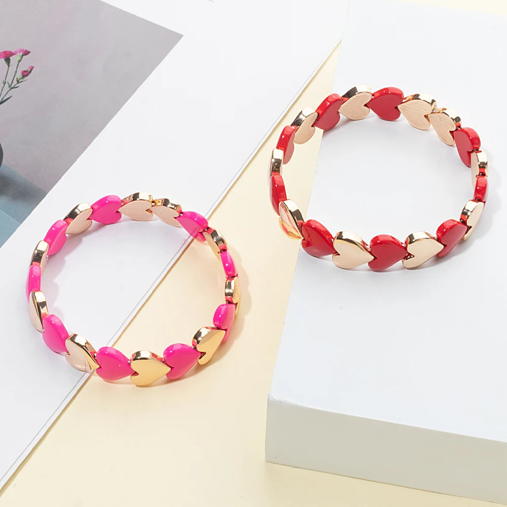 Tejesa  Gold Color  Pink Red Heart Charm  Couple Bangle   Bracelet For Women