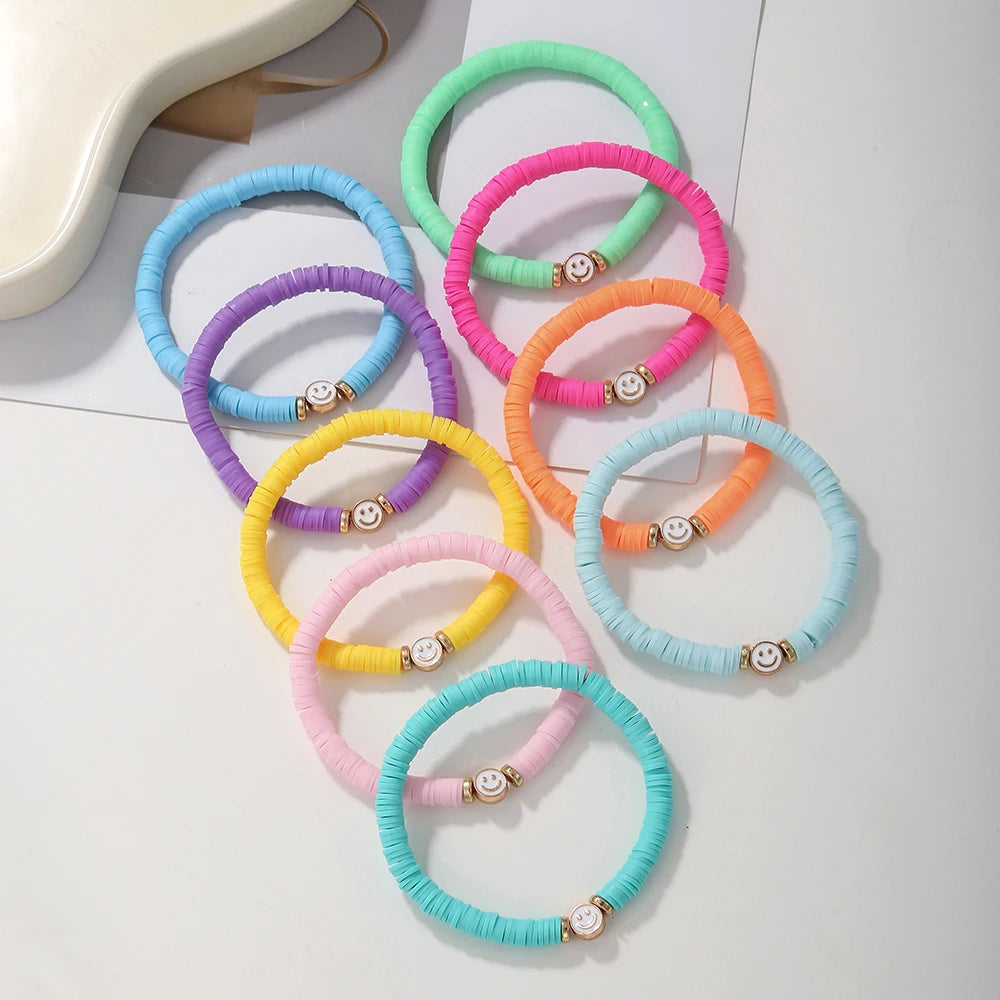 Hemasa 9 Color Enamel Smile Face Charm Bracelet For Girl/ Multicolor Polymer Clay Flat Beads Bracelet Set for Women