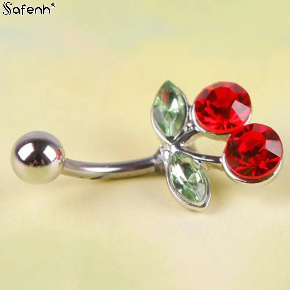 2Syles New Stainless Steel Rhinestone Red Cherry Navel Barbell Belly Button Ring Body Piercing