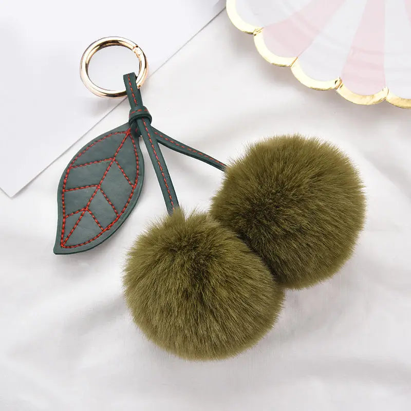 New Fashion Plush Cherry Keychains for Women Girls Fluffy Cartoon Rabbit Fur Ball Pompom Leaf Key Chains Rings Keyring Bag Gifts
