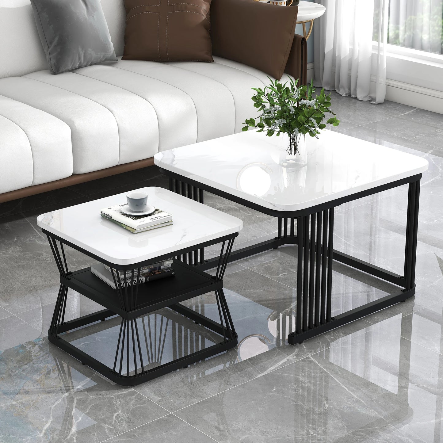 Set of 2 Nesting Tables with Black Metal Frame and Marble Pattern Top, Square Coffee Table Set for Living Room Home