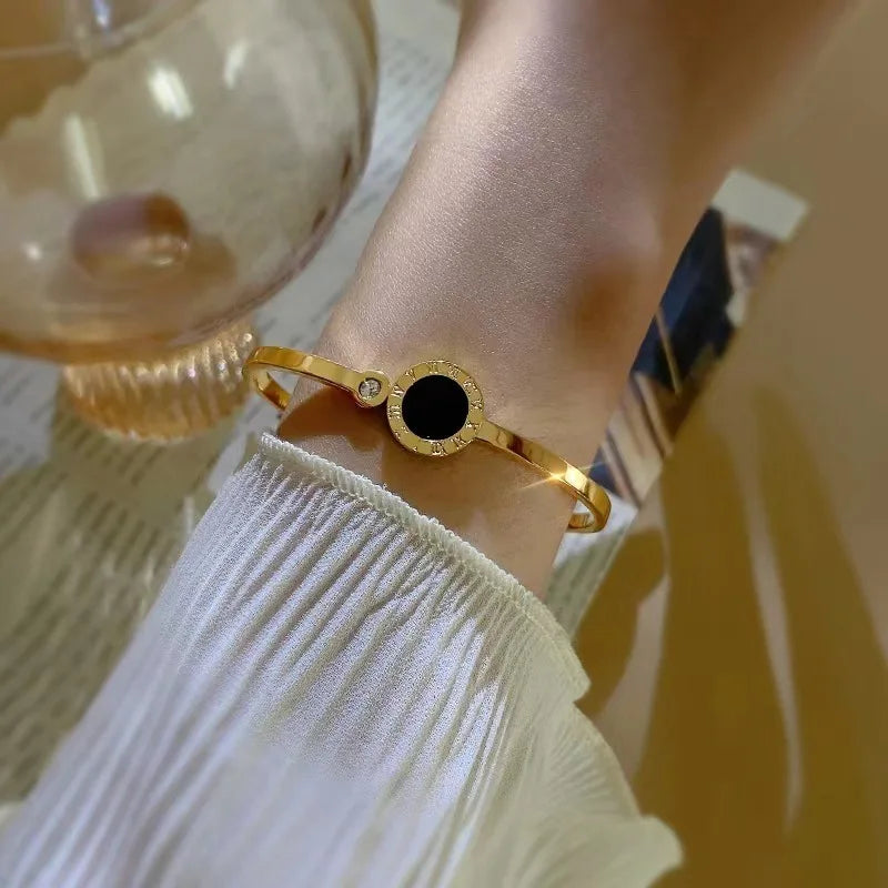 Hemasa Black/Sliver/Golden Shell Bangle For Women Jewelry Crystal Roman Numerals Bracelet & Bangles