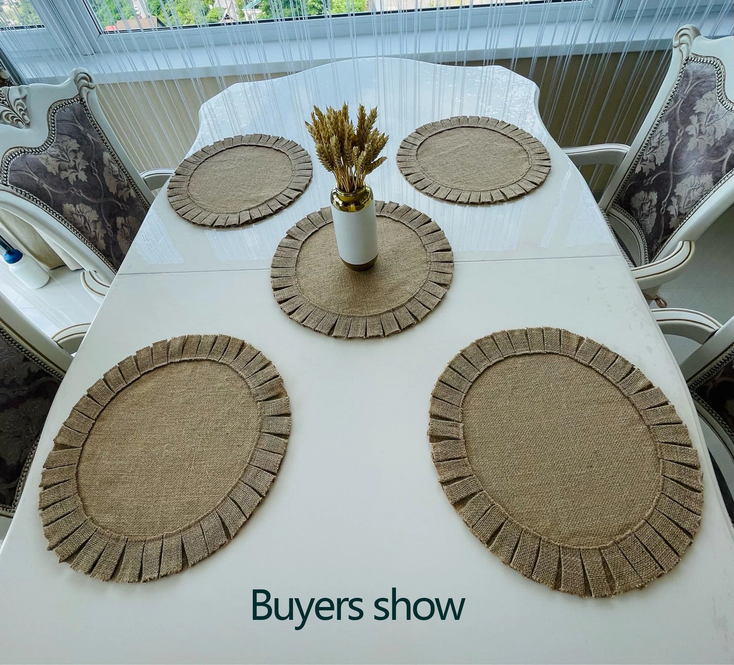 Hemasa 2Pcs  Round Jute Folds Lace Placemats / Natural Color Heat Insulation Pads