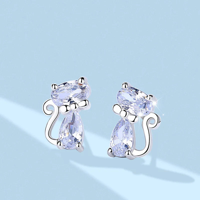 Hemasa 925 Silver  Fashion Crystal Cat Stud Earrings for  Girls Birthday