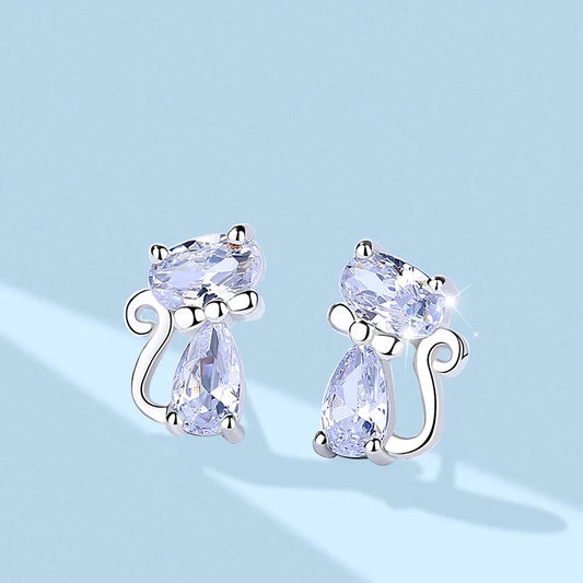 Hemasa 925 Silver  Fashion Crystal Cat Stud Earrings for  Girls Birthday