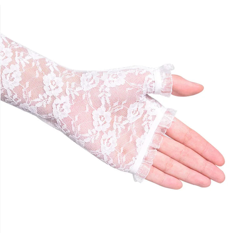 Tejesa Long Lace Hollow-Out Fingerless Gloves Sun Protection Sleeves Mesh Lace Thin Cycling Sexy Accessories Black Bare Finger Gloves