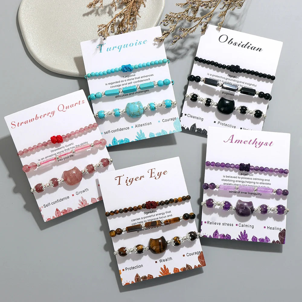 3pcs/set Natural Stone Tiger Eye Turquoises Bracelet Rose Quartzs Crystal Beads Charm Bracelets Cat Head Jewelry for Women Gift