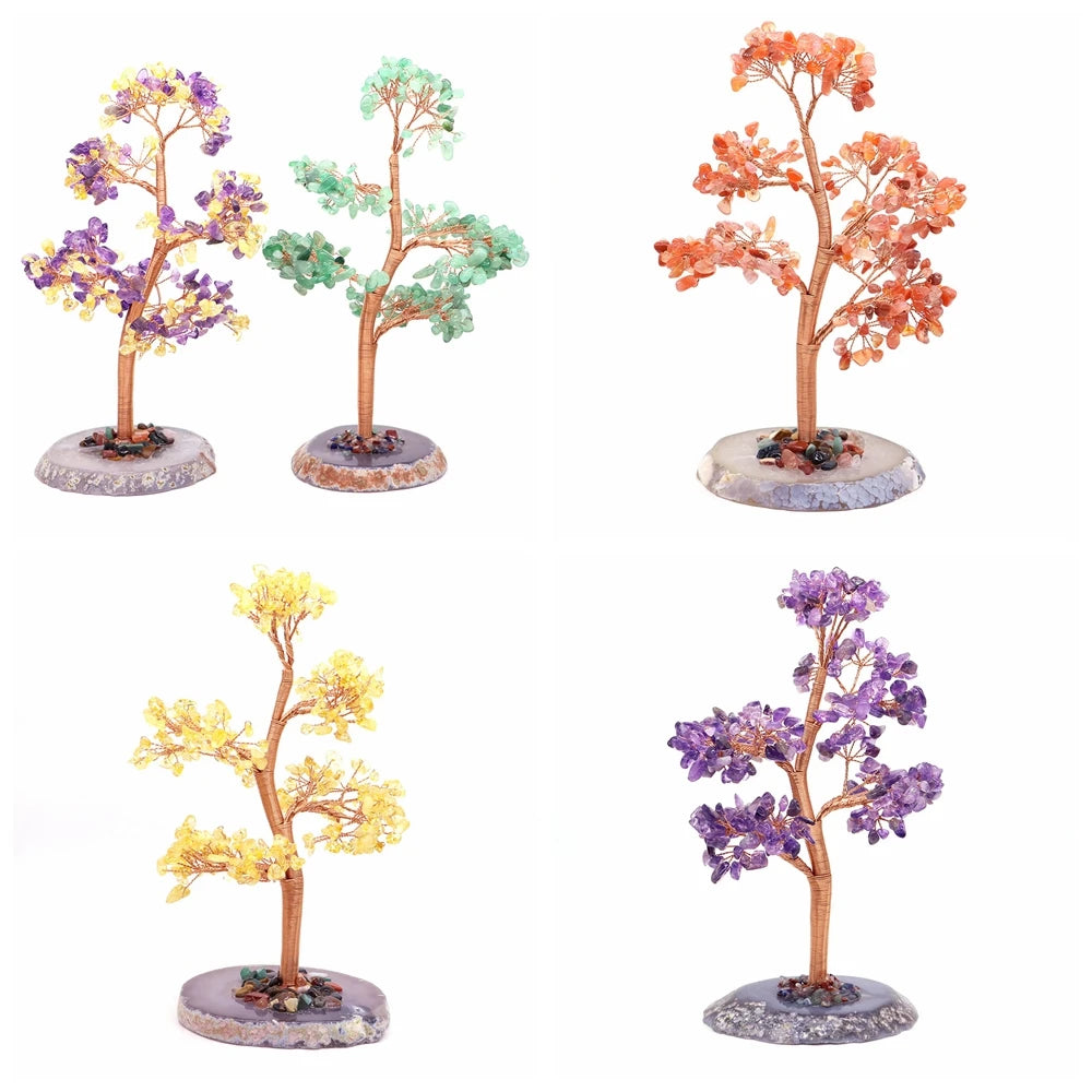 Natural Healing Crystal Stone Amethyst Tree Wire Wrapped Agate Flake Base Home Office Desk Living Room Feng Shui Decor Gifts
