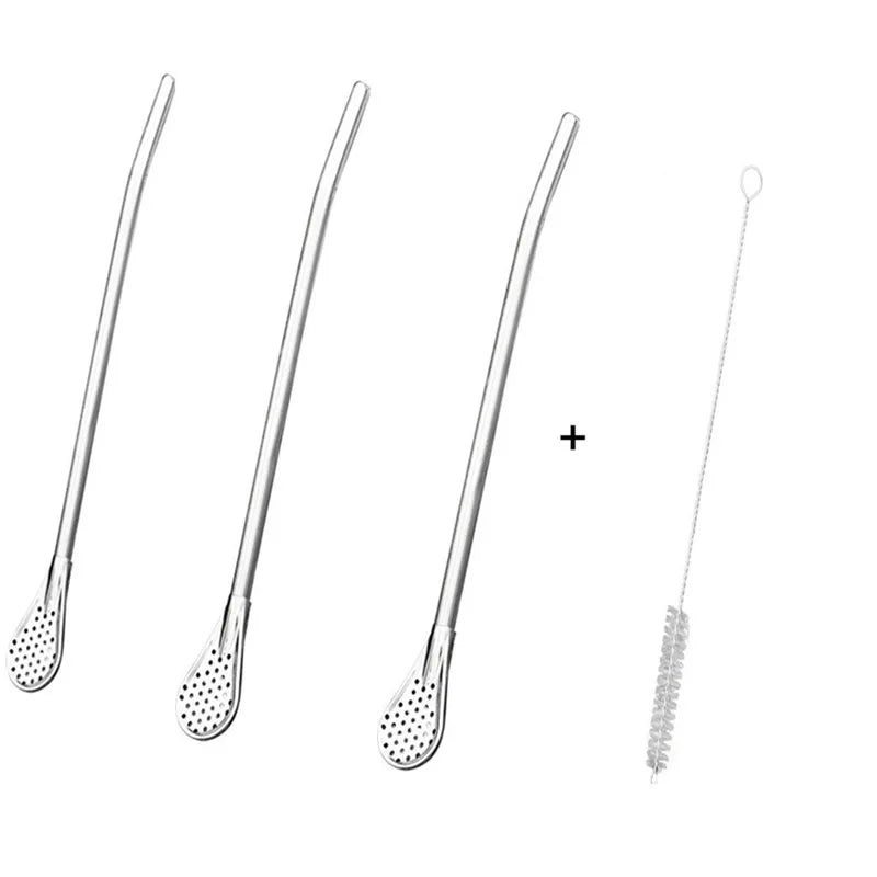 Stainless Steel Drinking Straw Spoon Tea Filter Detachable Reusable Metal Straws with Brush Drinkware Bar Party Tool Accessories