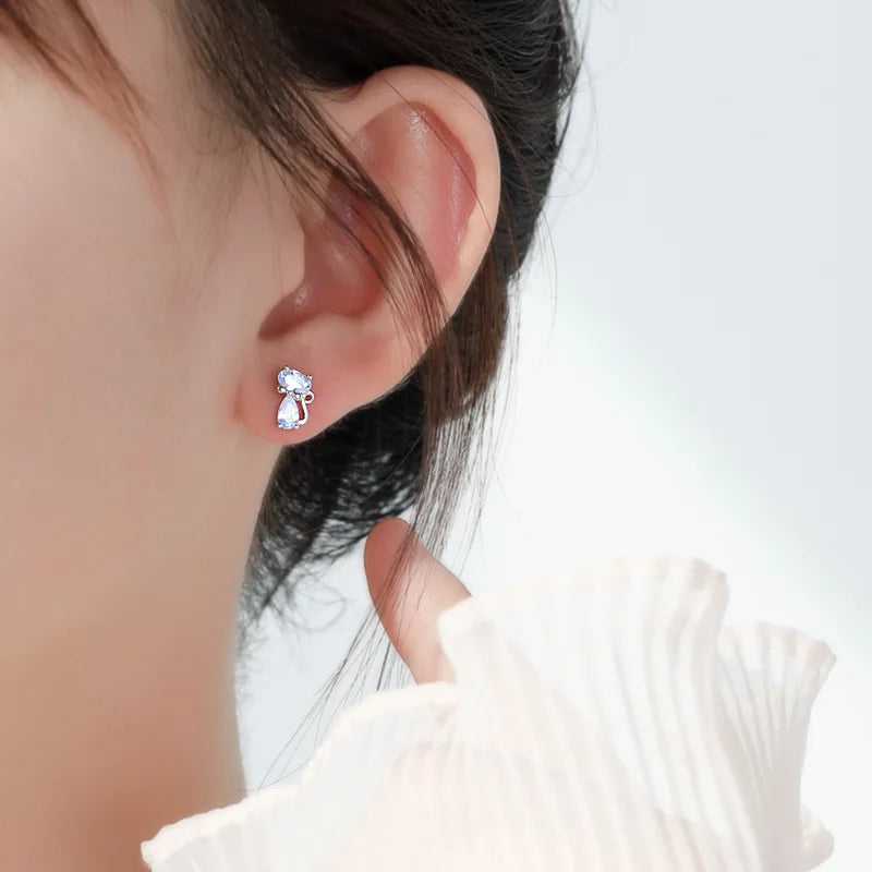 Hemasa 925 Silver  Fashion Crystal Cat Stud Earrings for  Girls Birthday